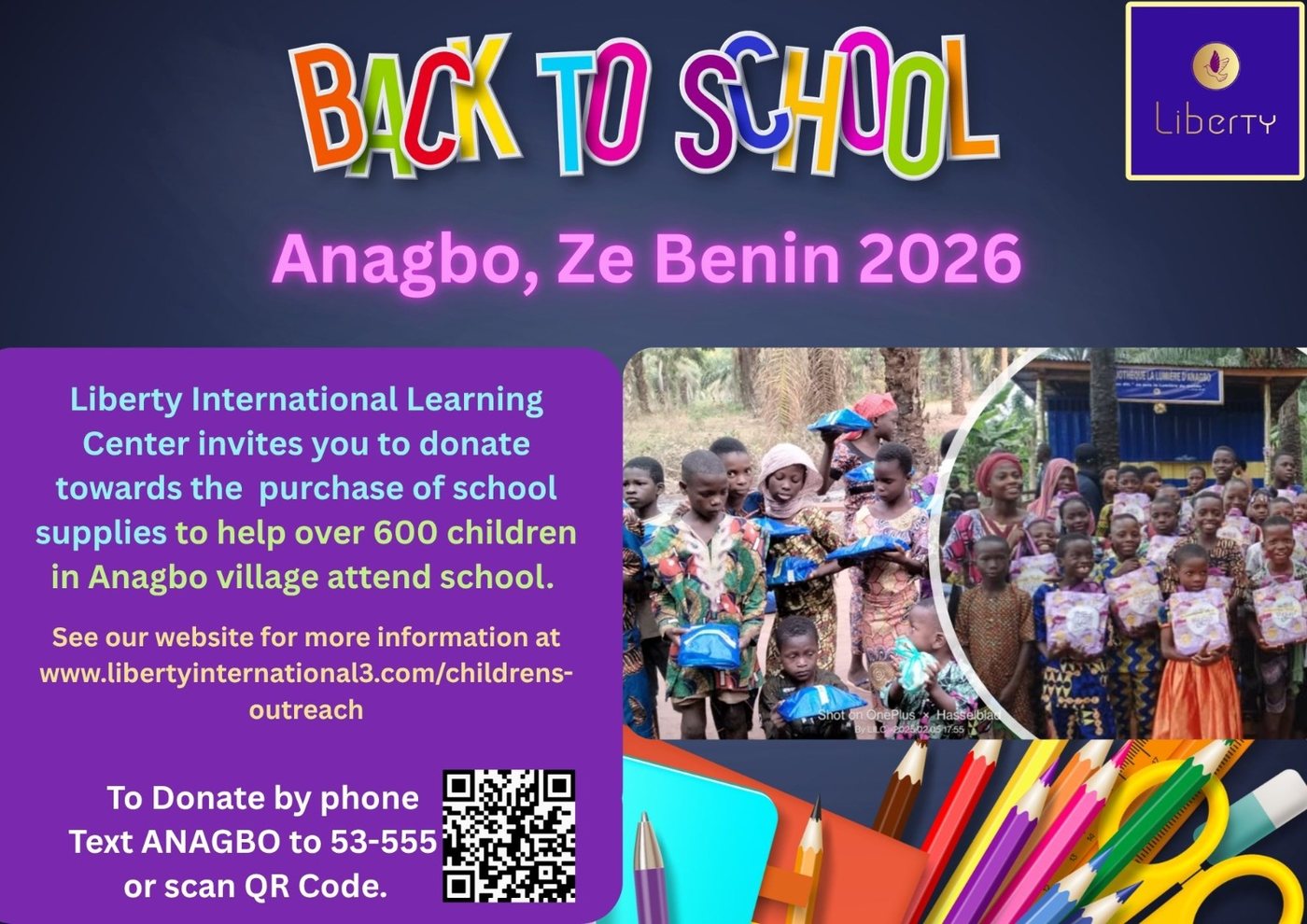 Back to School flyer for Anagbo, Ze Benin 2026 — Liberty International Learning Center school supply drive